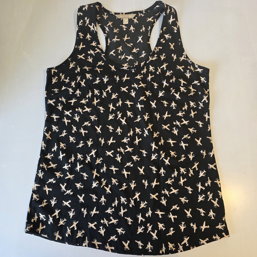 Banana Republic Airplane Print Racerback Tank Top Black Cream Women's Size XS